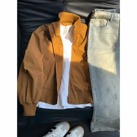 vintage复古卡其色外套男款秋季巴恩风立领棒球服美式飞行员夹克商品大图