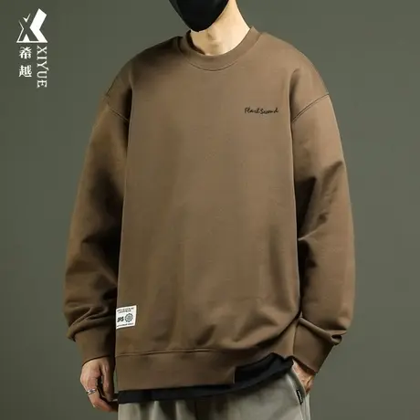 希越圆领假两件卫衣男秋季宽松大码380g重磅拼接刺绣内搭打底衫潮商品大图