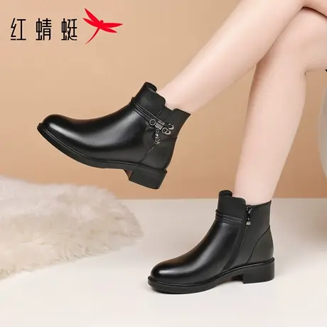 红蜻蜓冬季女鞋女士靴子妈妈短靴女真皮加绒加厚高帮皮棉鞋时装靴图片
