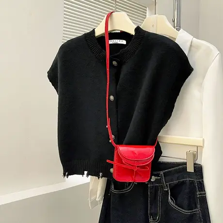 唐狮秋冬新款针织衫女毛衣背心韩系显瘦毛边设计感开衫马甲ydTD商品大图