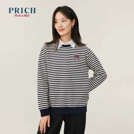 【直播专享】PRICH商场同款T恤衫条纹圆领落肩袖海军风卫衣女图片