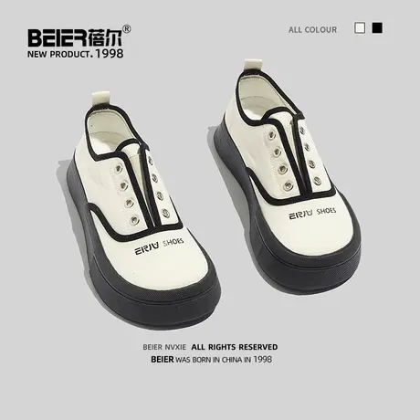 蓓尔方圆头帆布鞋厚底女2023夏季新款休闲百搭透气一脚蹬鞋ins潮商品大图