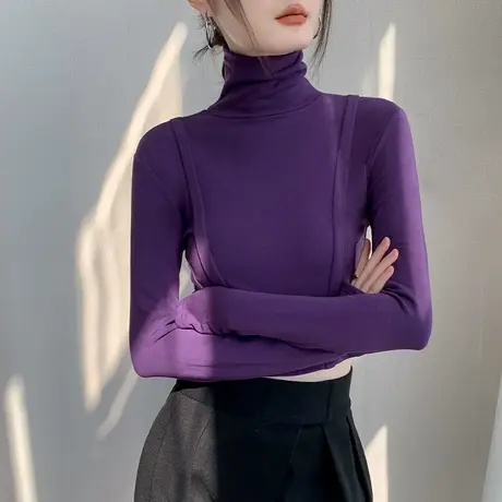 高领长袖t恤女2023秋冬新品设计感小众露脐修身减龄短款韩版上衣商品大图