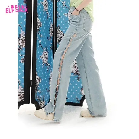 妖精的口袋侧边破洞直筒牛仔裤女2023夏季新款宽松高腰阔腿拖地裤商品大图