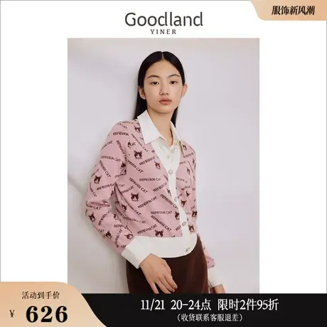[赫本猫联名]Goodland美地女装2023秋季羊绒POLO领印花针织衫商品大图