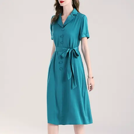 水墨青华短袖女装夏季新品简约时尚中长款系带修身收腰连衣裙商品大图