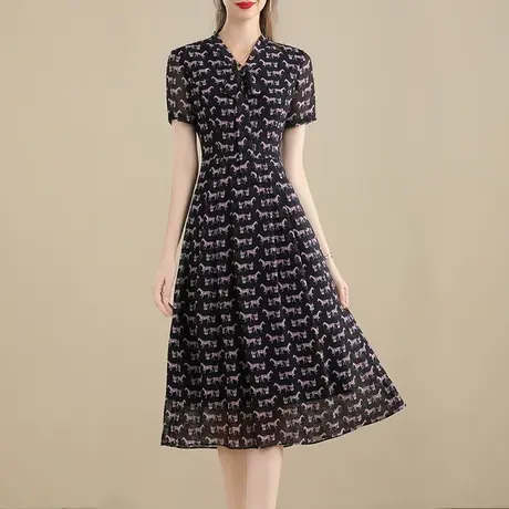 水墨青华2024飘带领裙子新款夏季时尚雪纺印花显瘦短袖连衣裙图片