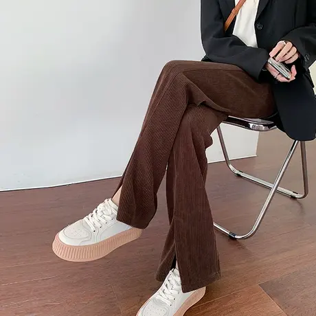 雪尼尔直筒阔腿裤女秋冬新款高腰显瘦垂感休闲开叉灯芯绒拖地裤子图片