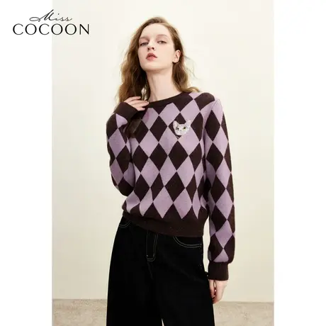 MISSCOCOON非正式学院2023冬装新款猫咪绣花图案撞色毛针织衫女商品大图