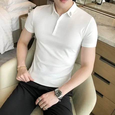 夏季修身POLO衫男翻领短袖t恤青年社会小伙时尚青年休闲上衣衣服商品大图