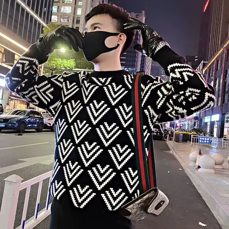 潮牌毛衣男秋冬季2023花色小众菱格提花高级感青年加厚针织打底衫商品大图