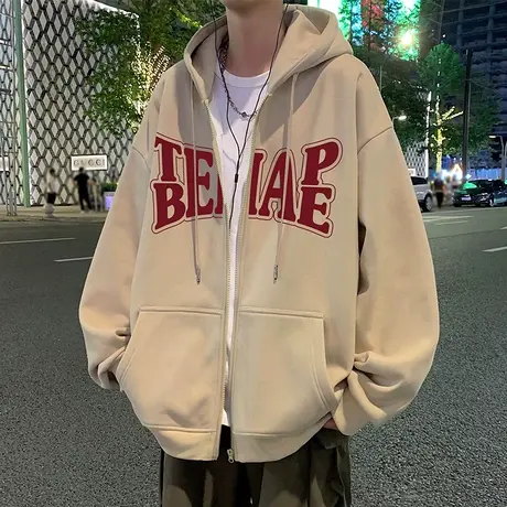 春秋季加绒加厚潮牌oversize连帽卫衣男美式复古宽松拉链开衫外套商品大图