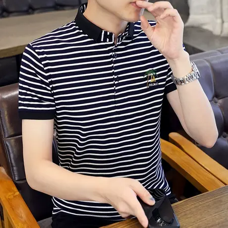 翻领男士短袖t恤纯棉夏装2023潮流Polo衫薄款条纹半袖体桖爸爸装商品大图