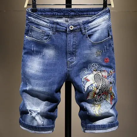 中国风刺绣花裤子男破洞牛仔短裤男国潮韩版潮流五分裤百搭中裤男商品大图