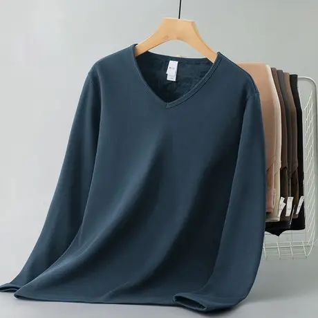 长袖t恤男装V领上衣服秋冬季保暖内搭打底衫加绒加厚体恤纯色小衫商品大图