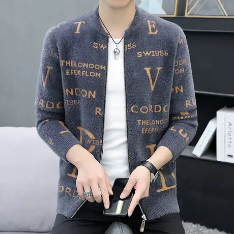 2023年新款春秋针织开衫休闲外套男士潮牌貂绒修身毛衣夹克上衣服商品大图