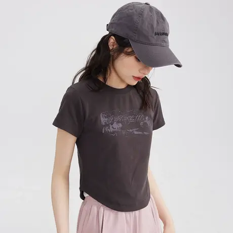 尔给灰色弧形下摆短袖t恤女修身小众小个子正肩奶甜短款上衣夏季图片