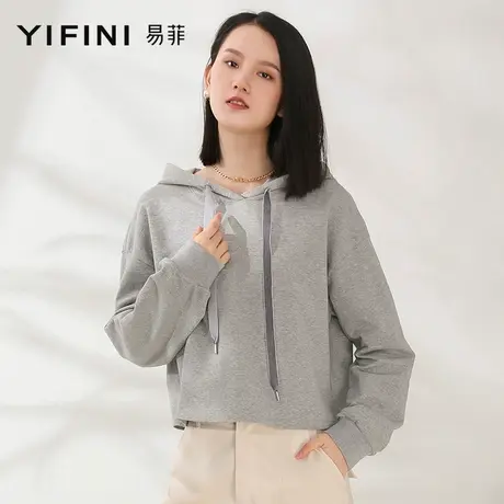 Yifini/易菲早秋薄款连帽灰色打底卫衣女春秋短款小个子套头衫图片