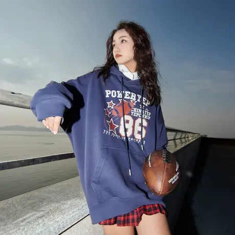 YEP美式复古连帽卫衣女春秋款2024新款ins潮宽松oversize长袖上衣商品大图