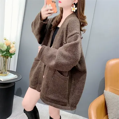 宽松慵懒风软糯V领毛衣开衫女秋冬2023新款时尚休闲百搭针织外套图片