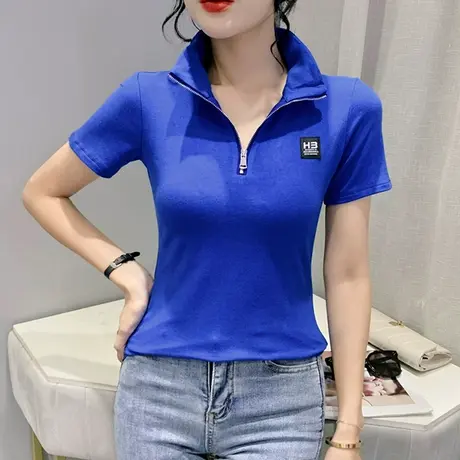 克莱因蓝立领T恤女短袖洋气百搭拉链半袖上衣设计感欧货修身小衫图片