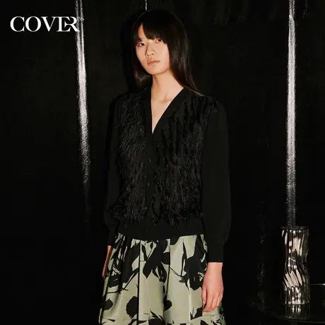 COVER秋季流苏打褶V领冰丝毛针织衫商品大图