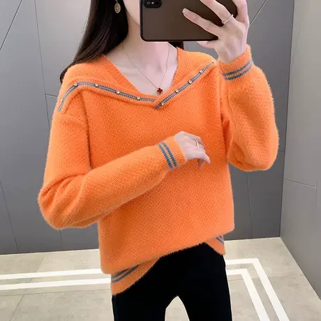 V领针织打底衫女水貂绒毛衣2023年新款秋冬女内搭宽松百搭女上衣商品大图