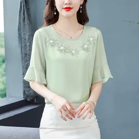 漂亮雪纺衬衫女上衣2023夏季新款宽松显瘦短袖立体花洋气缎面小衫商品大图