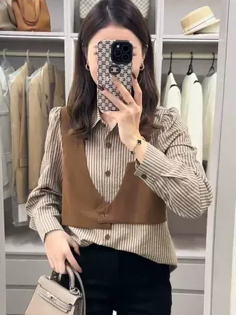 条纹假两件格子衬衫秋季女士洋气胖妹妹显瘦上衣今年流行衬衫港风商品大图