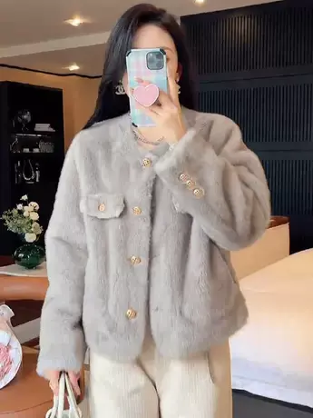 皮毛一体外套2023秋冬新款仿水仿貂绒毛毛法式小香风短款百搭上衣商品大图