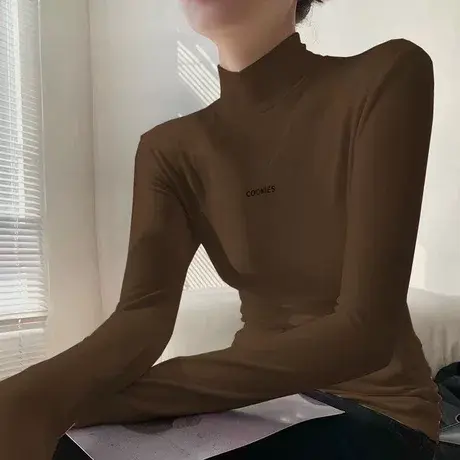 双面德绒半高领打底衫女秋冬高级感加绒加厚保暖长袖t恤内搭上衣图片