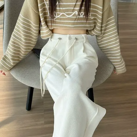 雪尼尔窄版阔腿裤女秋冬2023新款高腰垂感糯米裤小个子条纹针织裤商品大图