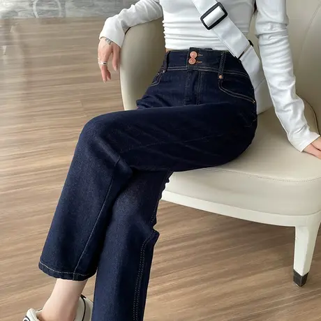 深蓝色直筒牛仔裤女春秋季2024年新款法棍裤宽松高腰显瘦烟管裤子商品大图
