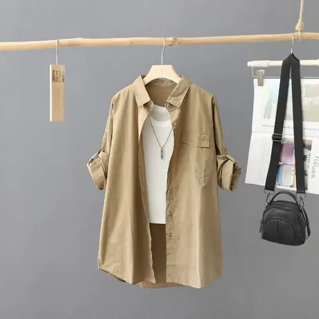 早秋新款长袖纯色衬衫女ins潮百搭宽松中长款韩版百搭衬衣外套潮商品大图