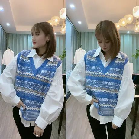 2024年春季新款针织马甲女宽松无袖毛衣条纹坎肩V领提花套头背心图片