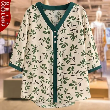 大码中老年女装夏季雪纺衫T恤中年妈妈宽松洋气V领印花七分袖上衣图片