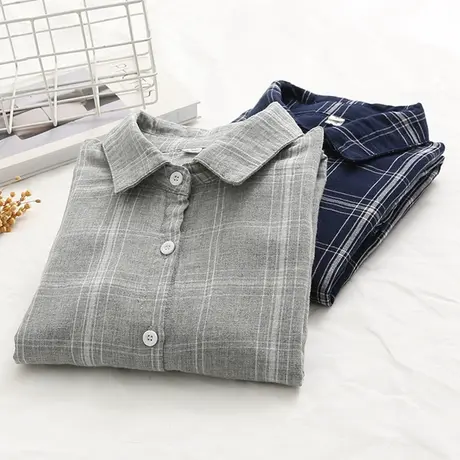 春秋装格子翻领衬衫女宽松休闲双层棉纱柔软百搭纯棉长袖打底上衣商品大图