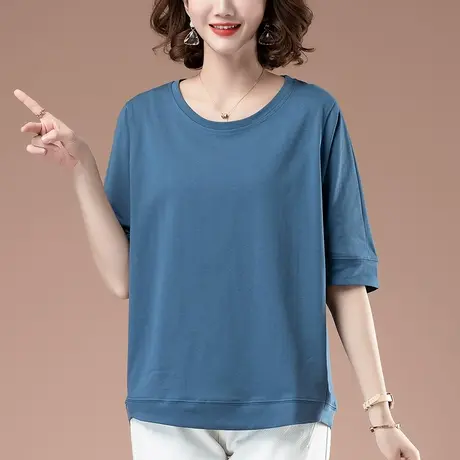 短袖t恤女夏季加肥加大码女装宽松纯棉圆领中年遮肉显瘦中袖体恤商品大图