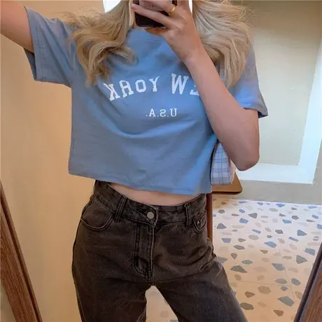 白色短袖t恤女夏宽松ins潮欧美辣妹穿搭韩风chic高腰露脐短款上衣商品大图