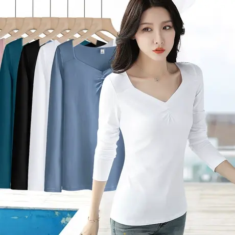 白色简约内搭修身纯棉长袖气质减龄V领百搭2024秋季新款打底衫t恤图片