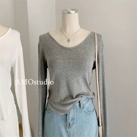 下摆U型弧形长袖T恤u领宽松薄款垂感适合有小肚子的上衣遮肚子商品大图