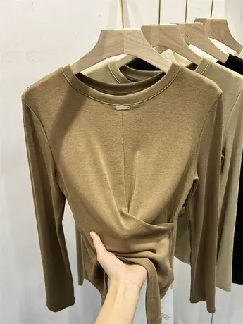 圆领面膜针织衫女长袖2023年初秋新款褶皱设计感小众修身T恤上衣商品大图