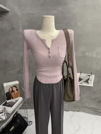 小众纯欲~软糯修身显瘦针织衫女长袖纯色打底衫百搭圆弧上衣秋冬商品大图