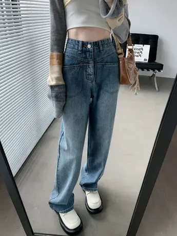 直筒春秋牛仔裤女高腰显瘦宽松小个子春装拖地阔腿裤子2023年新款商品大图