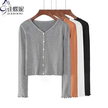 春夏季新款螺纹灰色V领T恤纯棉修身短款长袖显瘦百搭上衣女木耳边商品大图