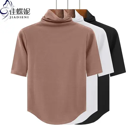 秋冬新款高领保暖修身短款纯欲圆弧纯棉纯色中袖体恤上衣女打底衫商品大图