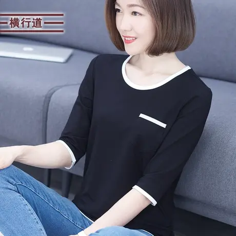 莫代尔七分袖上衣春装黑色半截袖2025新款撞色褶皱宽松圆领女t恤商品大图
