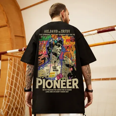 oversize美式潮牌胖子男装大码国潮油画宽松短袖T恤潮流ins半袖夏商品大图