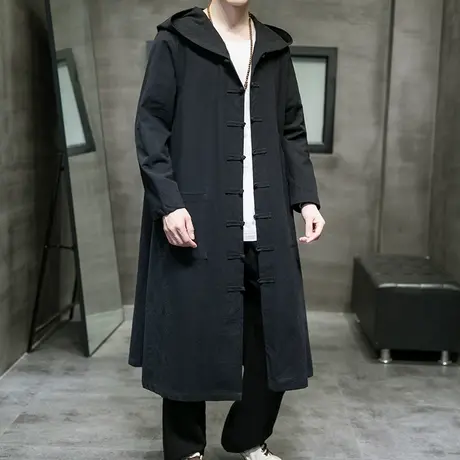 秋冬季风衣男大码加长款外套中国风连帽夹克盘扣纯色宽松棉麻道袍商品大图