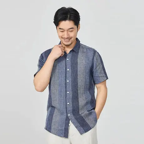 亚麻衬衫男宽松短袖休闲夏季薄款上衣外套男装复古条纹棉麻衬衣潮图片